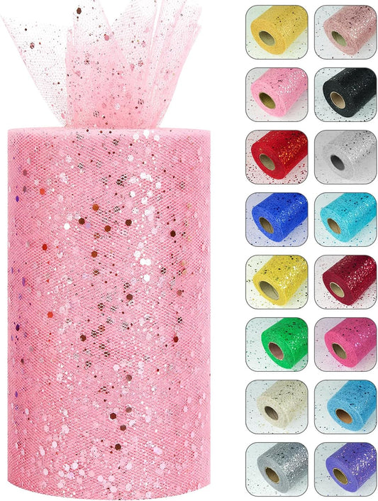 Glitter Tulle Rolls, 6” by 50 Yards (150FT) Sparkling Tulle Spool Ribbon Sequin Tulle Netting Fabric for Tutu Skirt Wedding Birthday Baby Shower (Pink)