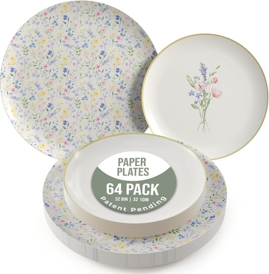 Trendables Heavy Duty Paper Plates Set For 32 Guests - 32 Each Of 8-inch And 10-inch Disposable Plates For Party - Fancy 64 Piece Dinnerware Set For All Occasions | Floral Design, Charm