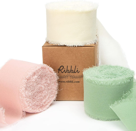 Ribbli Chiffon Ribbon 1.5 inch x 30 Yard Handmade Silk Ribbon, Ivory/Blush Pink/Sage Green Fringe Chiffon Ribbon for Wedding Invitations, Bridal Bouquets Wrapping, Flower Arrangement Decoration