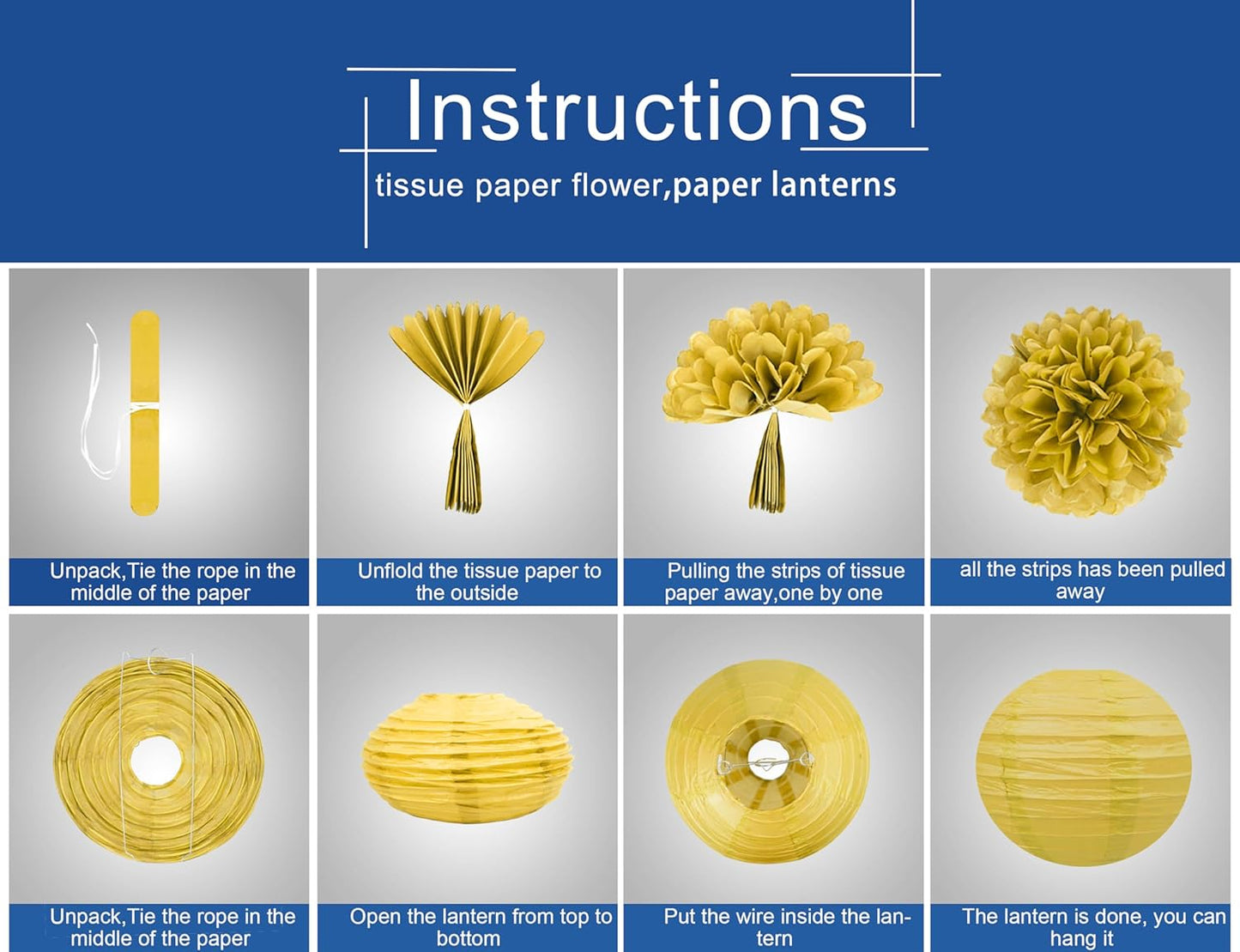 Navy-Blue White Gold Party Decorations - 15Pcs Tissue Pom Poms Paper Flowers Paper Lanterns Graduation Men Boy Birthday Wedding Bridal Baby Shower Father Day Decorations Supplies HongTongTong