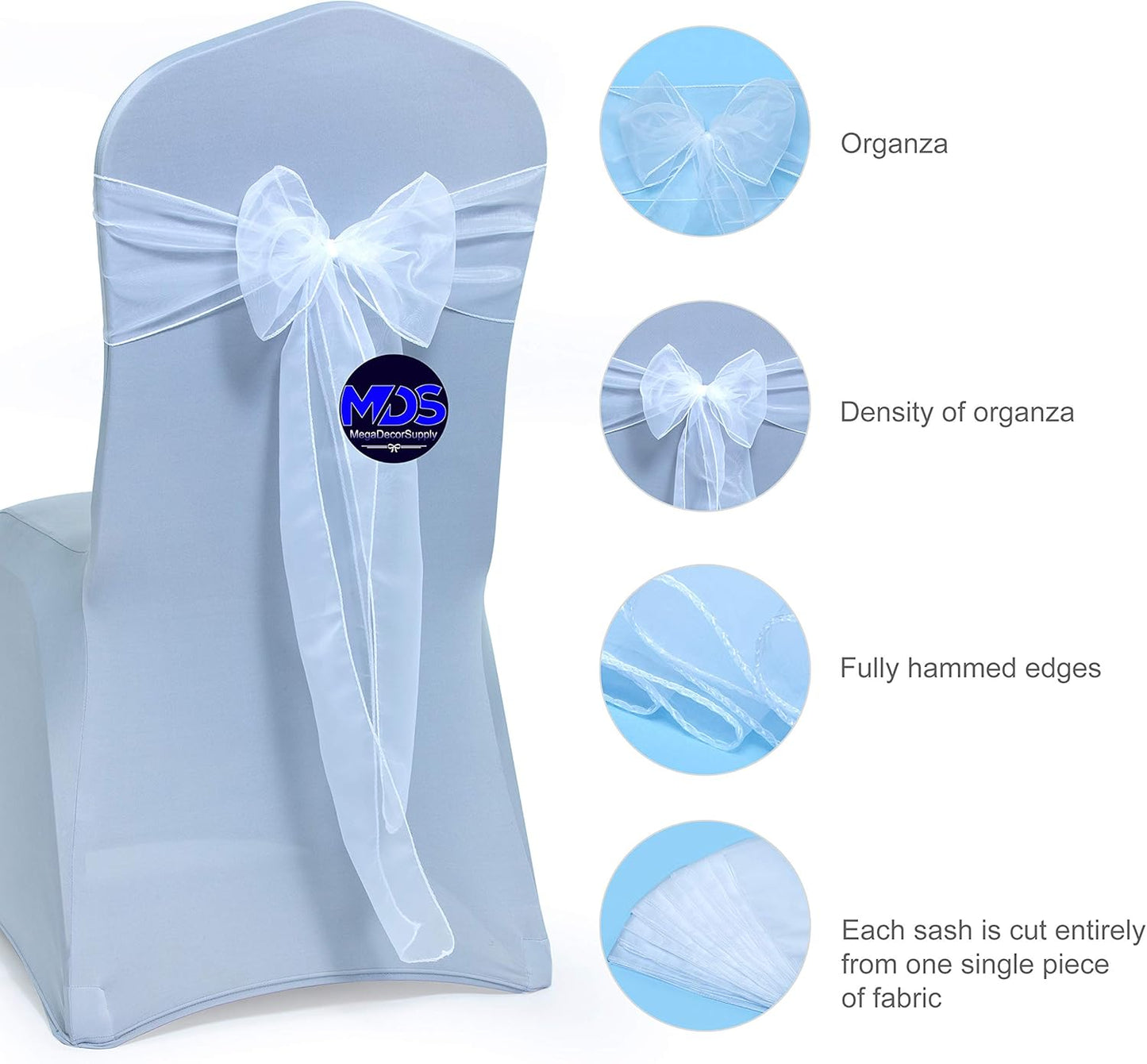 MDS Pack of 250 PCS Organza Chair Sashes Wider Dining Chair Bows Ribbon Tie Back for Wedding Party Birthday Bridal Shower Reception Event Banquet Home Chair Cover Decoration - White
