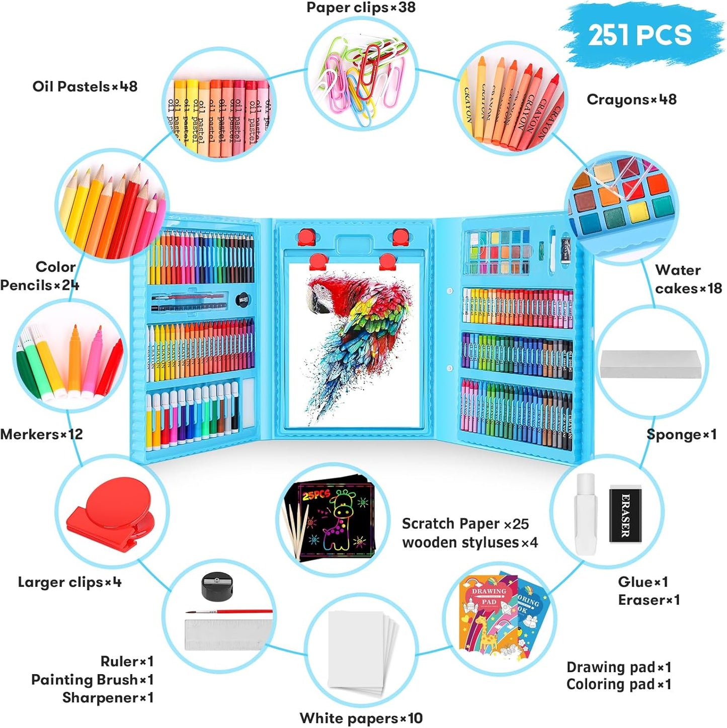 Art Case Coloring Set - (251ct), Art Kit for Kids, Toys for Girls & Boys, Art Supplies Set, Gift for Kids with Trifold Easel, Scratch Paper, Sketching/Coloring Book, Crayons Pencils