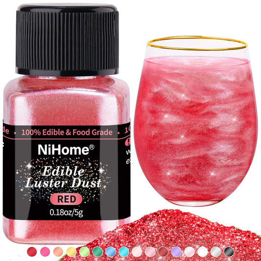 NiHome Edible Food-Grade Glimmer Powder Glitter Luster Dust Metallic Food Decorating Sprinkle Glimmery Dust for Drink Wine Beverage Cake Candy Dessert Bakery Restaurant Vegan (0.18oz/5g, Red)