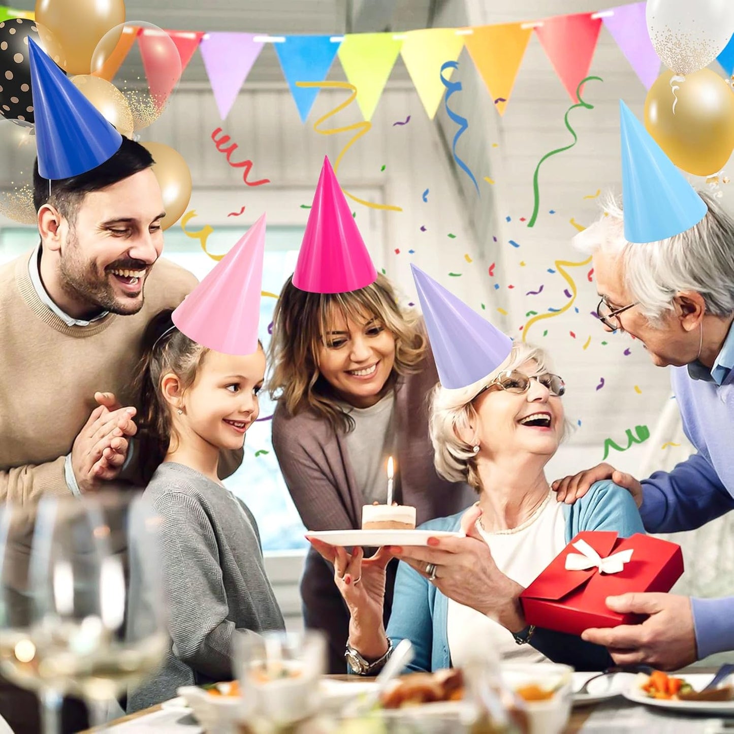 CANREVEL Party Hats for Kids and Adults, Birthday Party Headwear Supplies, Cone Hats Bulk for Girls Boy Women Men