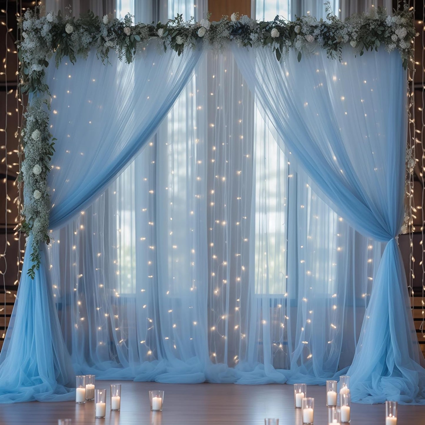 20×10ft Blue Tulle Backdrop Curtain with Lights String for Parties, Sheer Photo Backdrop Curtains for Wedding Party Photography Background