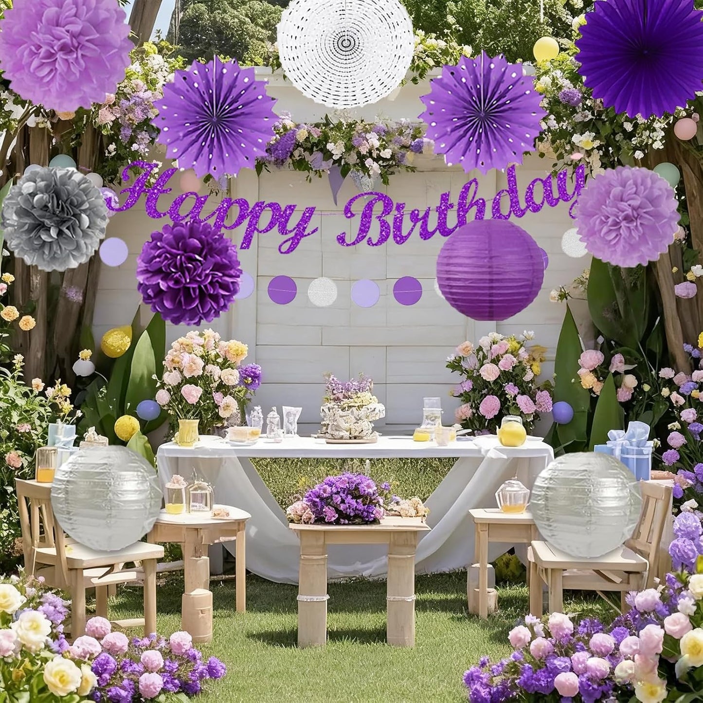 Purple and Silver Party Decorations-21PCS Happy Banner,Paper Lanterns Streamers,Tissue Pom Poms Honeycomb Flower Fan, Baby Bridal Shower Wedding Retirement Bachelorette Hanging Supplies Decor