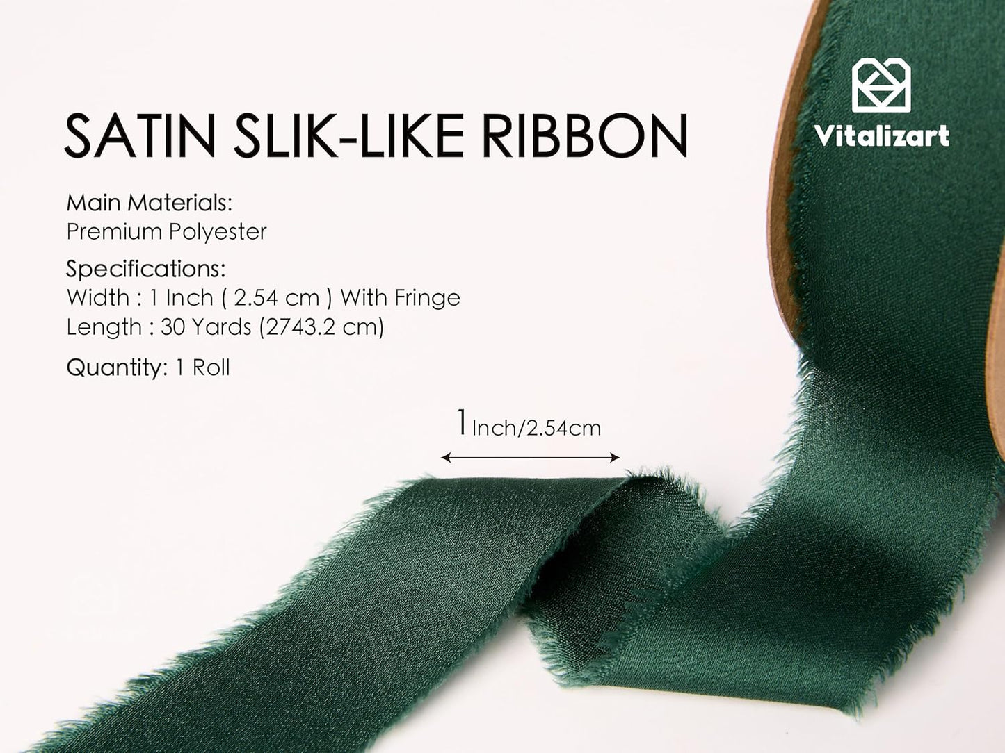 Vitalizart Silk Like Satin Ribbon 1 inch x 30 Yard Dark Green Handmade Frayed Ribbons for Gift Wrapping Baby Shower Wedding Bridal Bouquets Holiday Decor