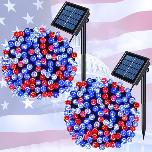 JMEXSUSS 2 Pack Red White and Blue Solar Lights 100LED 33ft Patriot Solar String Lights Waterproof, 8 Modes 4th of July Lights for Independence Day, Gardens, Tree, Outdoor 4th of July Decorations