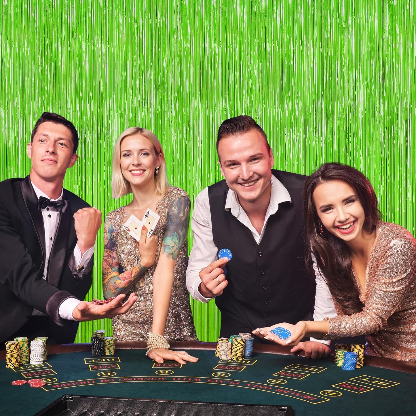 Grass Green Foil Fringe Curtain Backdrop, 2Pack Metallic Tinsel Fringe Curtain Streamers Photo Backdrop for St Patricks Day Football Decorations, Birthday Christmas Tropical Party Decor Door Streamers