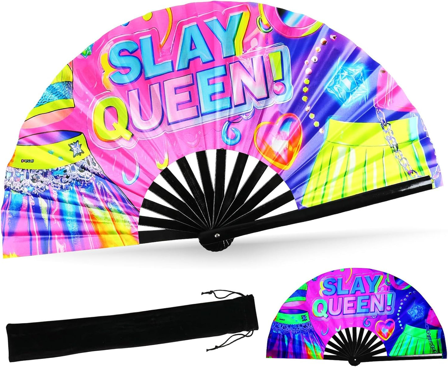 SYNTECSO Folding Hand Fan for Rave, Popping Fan for Line Dancing, Drag Queen, Women and Men Gift，Chinese Japanese UV Glow Clack Fan for Parties, Music Festivals, EDM and Decoration