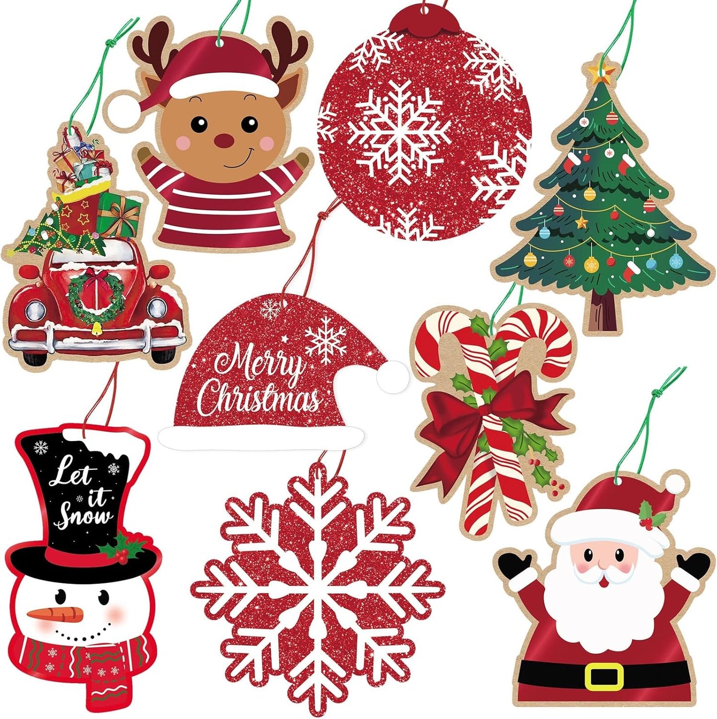 Christmas Gift Tags, 63Pcs Christmas Hanging Labels with String, Christmas Name Tags for Gifts, Glitter Foil Printed Xmas Gift Tags, Santa Snowman Gift Labels for DIY Xmas Holiday Present Wrapping