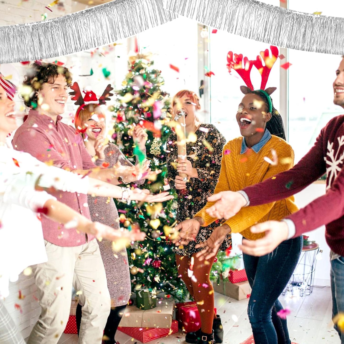 6 Pack 10 Feet Silver Foil Fringe Garland Metallic Tinsel Streamers Banner Wall Hanging Curtain Backdrop Banner for Parade Floats, Thanksgiving, Christmas, Birthday, Halloween Party Decorations