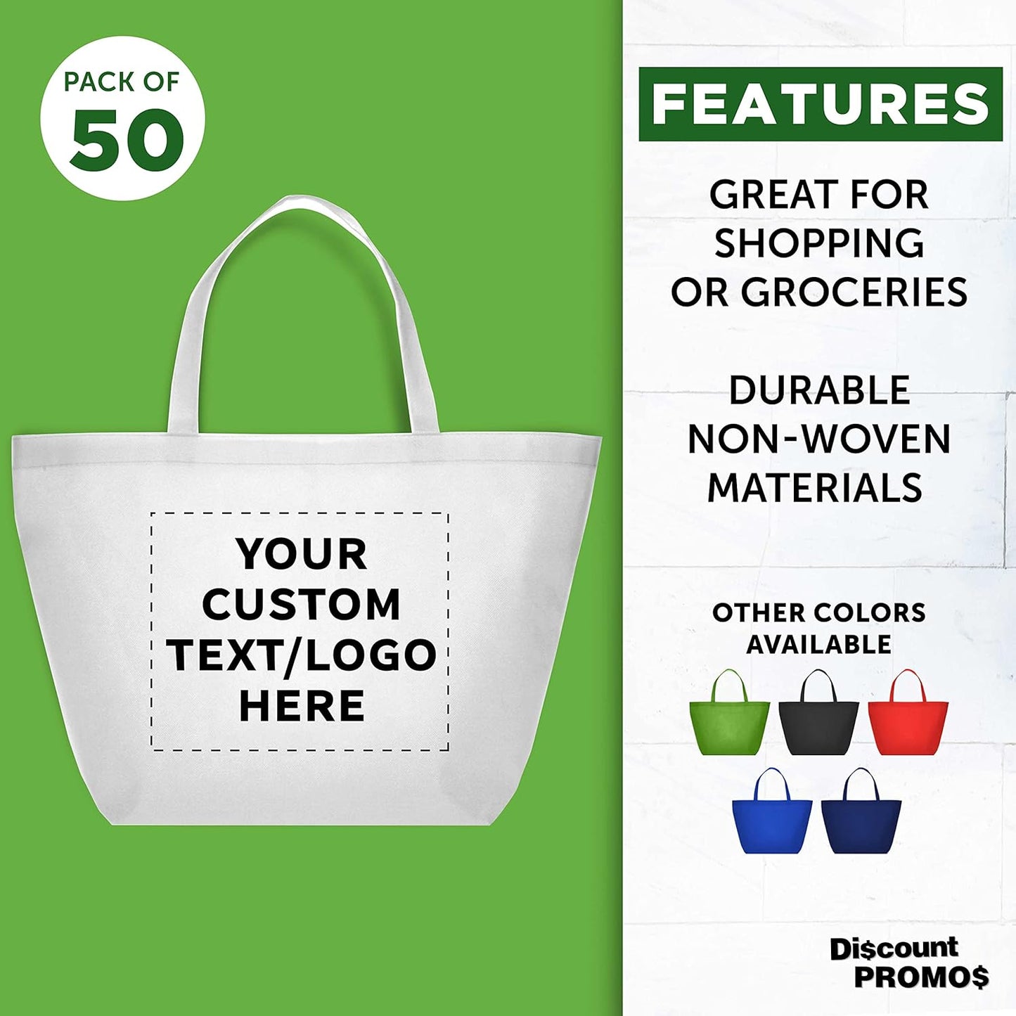 DISCOUNT PROMOS Custom Southern Style Grocery Tote Bags Set of 50 - Personalized Bulk Pack, Reusable Grocery & Shopping Bags - Great for Travel, Carry on Bag, Business Promotions - White - 20"X13"X8"