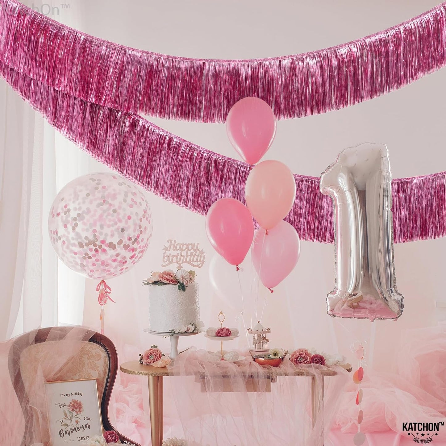 KatchOn, XtraLarge Pink Fringe Banner - 6.5 Ft,Pack of 2 | Fringe Garland for Birthday Party | Pink Streamers for Gender Reveal, Bachelorette Party Decorations | New Years Eve Decorations