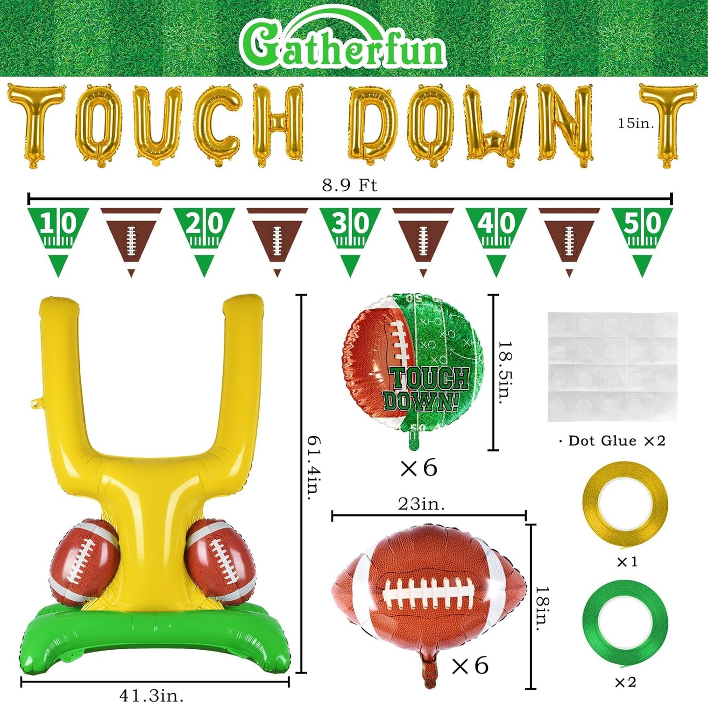 Football Party Supplies Kit - Touchdown Letter Balloon, Goal Post & Football Shaped Foil Balloons, Round 'Touchdown!' Foil Balloons, and Banner for Birthday, Game day, Tailgate Party Decorations