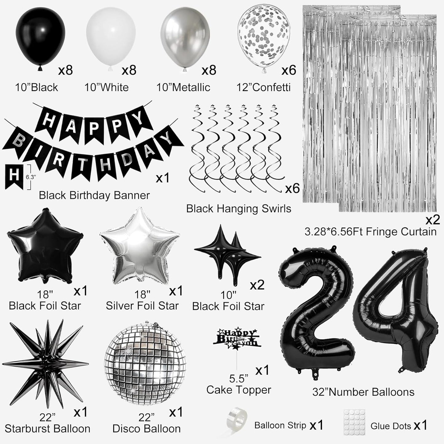 24th Birthday Decorations for Men Women, Black Silver Happy Birthday Party Decorations， 24 Year Old Party Supplies with Number 24 Balloons, Banner, Fringe Curtains Kit