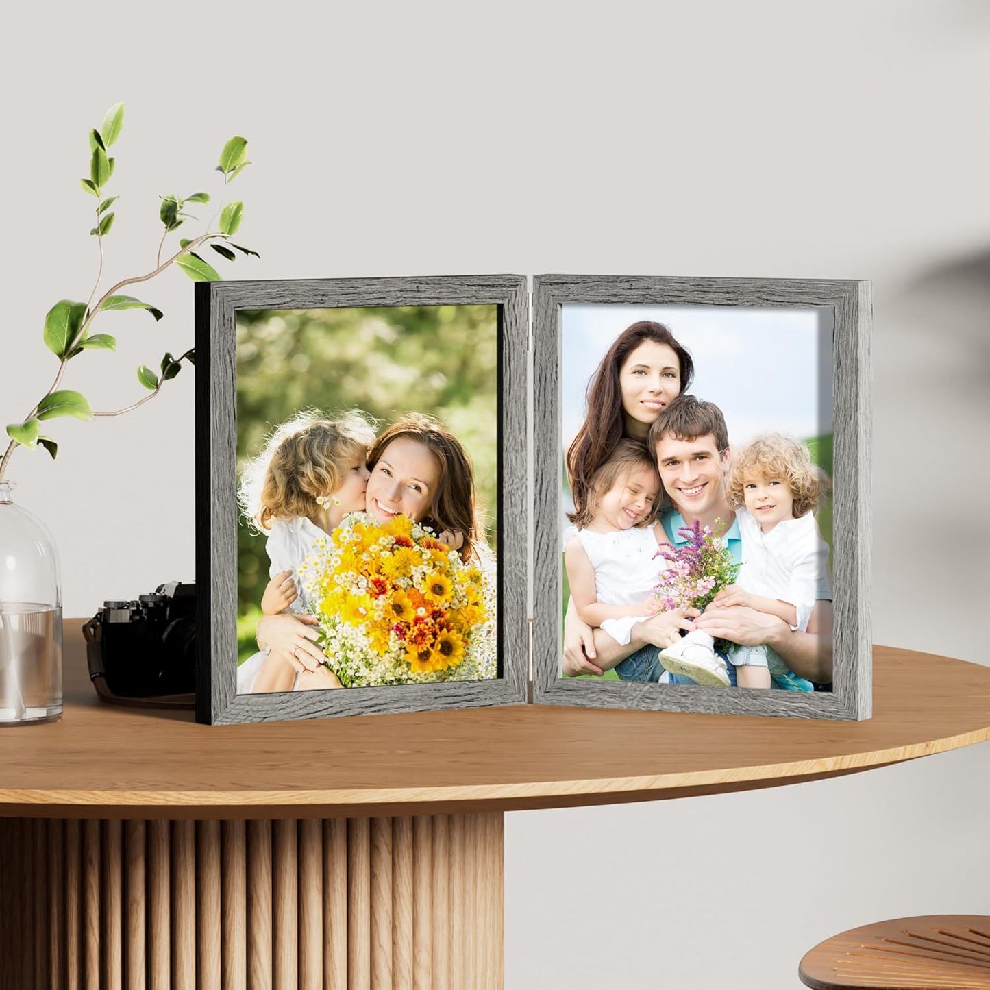 decorUhome Double 8x10 Picture Frame Vertical, Engineered Wood Bifold Photo Frame with Plexiglass for Tabletop Display, 8x10, Grey