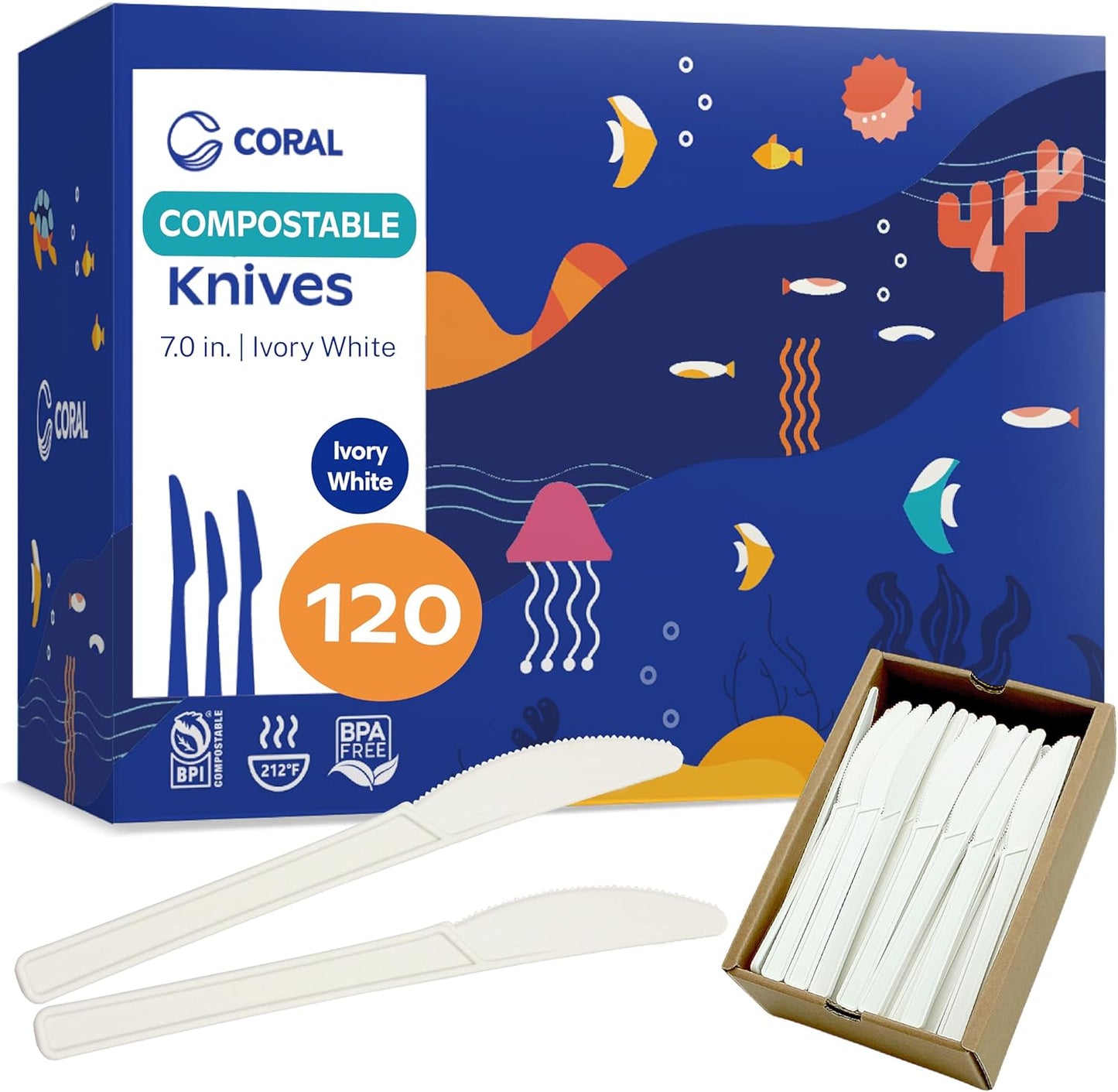 CORAL Ivory White 100% Compostable Knives - 120 Heavy Duty No Plastic Knives (7.0 inch) - Break Resistant with Smooth Edges, Ocean Friendly Alternative to Plastic Silverware - Biodegradable & Disposable Knives