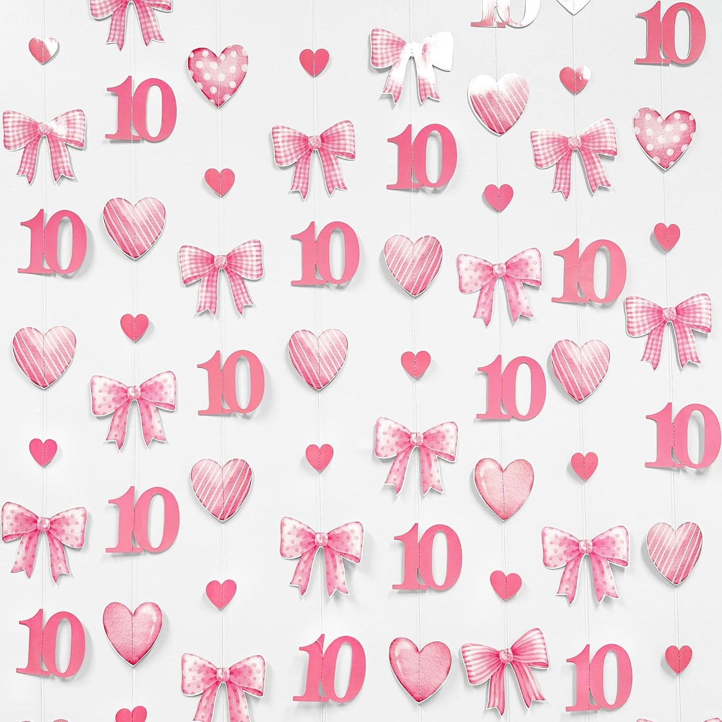 40Ft Pink 10th Bow Birthday Decorations Hot Pink Conquette Bow Heart Garland Streamer Banner for Girls Happy 10th Birthday Double Digits I'm 10 Cheers to 10 Years Old Anniversary Party Supplies