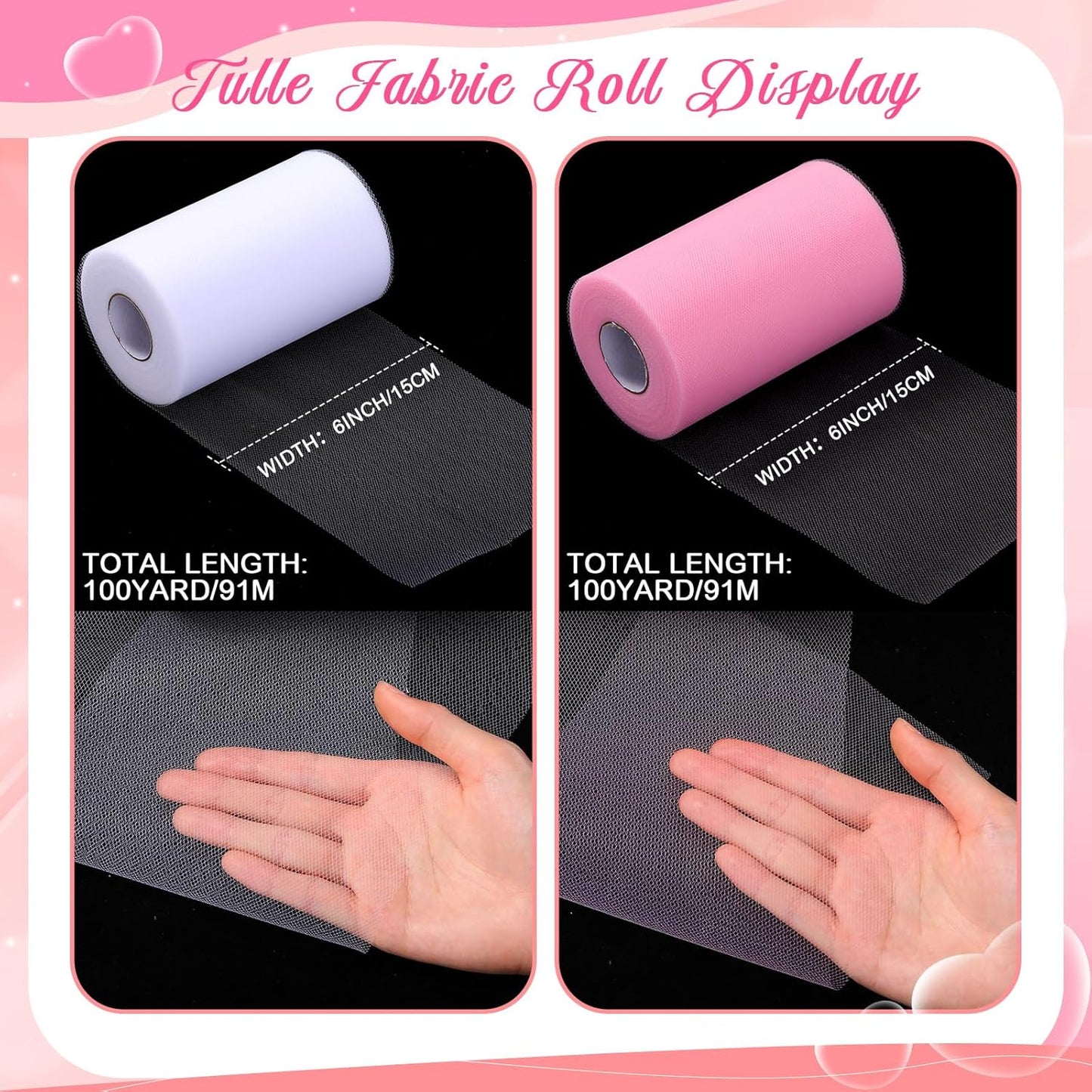 6 Pcs Tulle Fabric Rolls & Ribbon Set, Include Pink White Tulle Fabric Rolls 6 Inch by 100 Yards 3.9'' /1.5'' White Pink Ribbon for Wedding Bridal Shower Birthday Party DIY Tutu Skirt