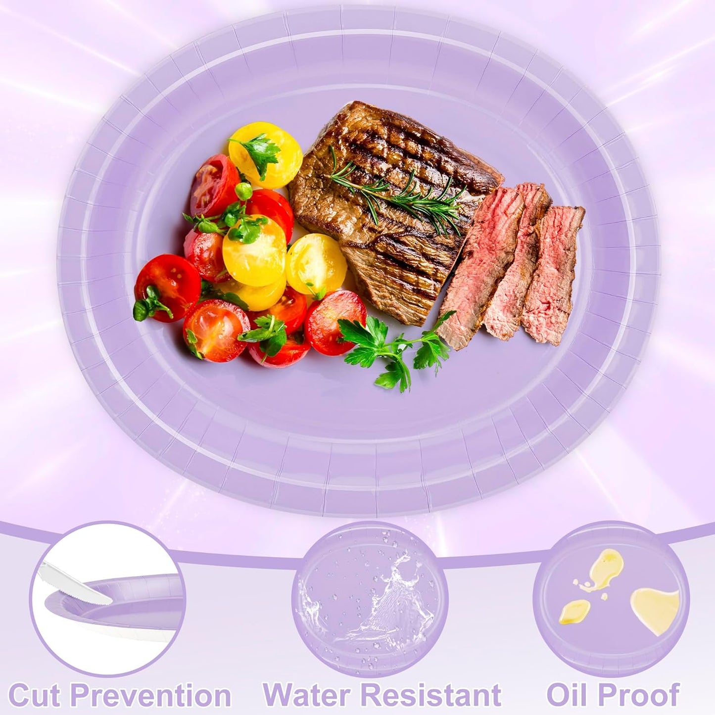 QZYL 50 Count Oval Paper Plates, 12.2'' X 10.2'' Large Lavender Disposable Plates for Daily Dinner, Wedding, Birthday, Party, Picnic, Baby Shower, Barbecue