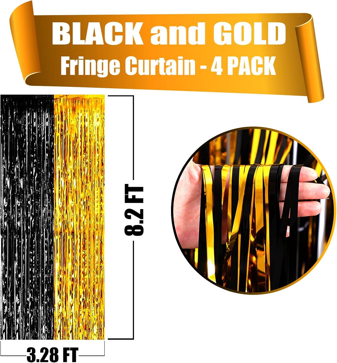 4 Pack Black Gold Foil Fringe Curtain Backdrop, 3.28Ft x 8.2Ft Metallic Tinsel Foil Fringe Streamers Curtains for Photo Booth, Wedding, Graduation, Birthday, Carnival Party Decoration