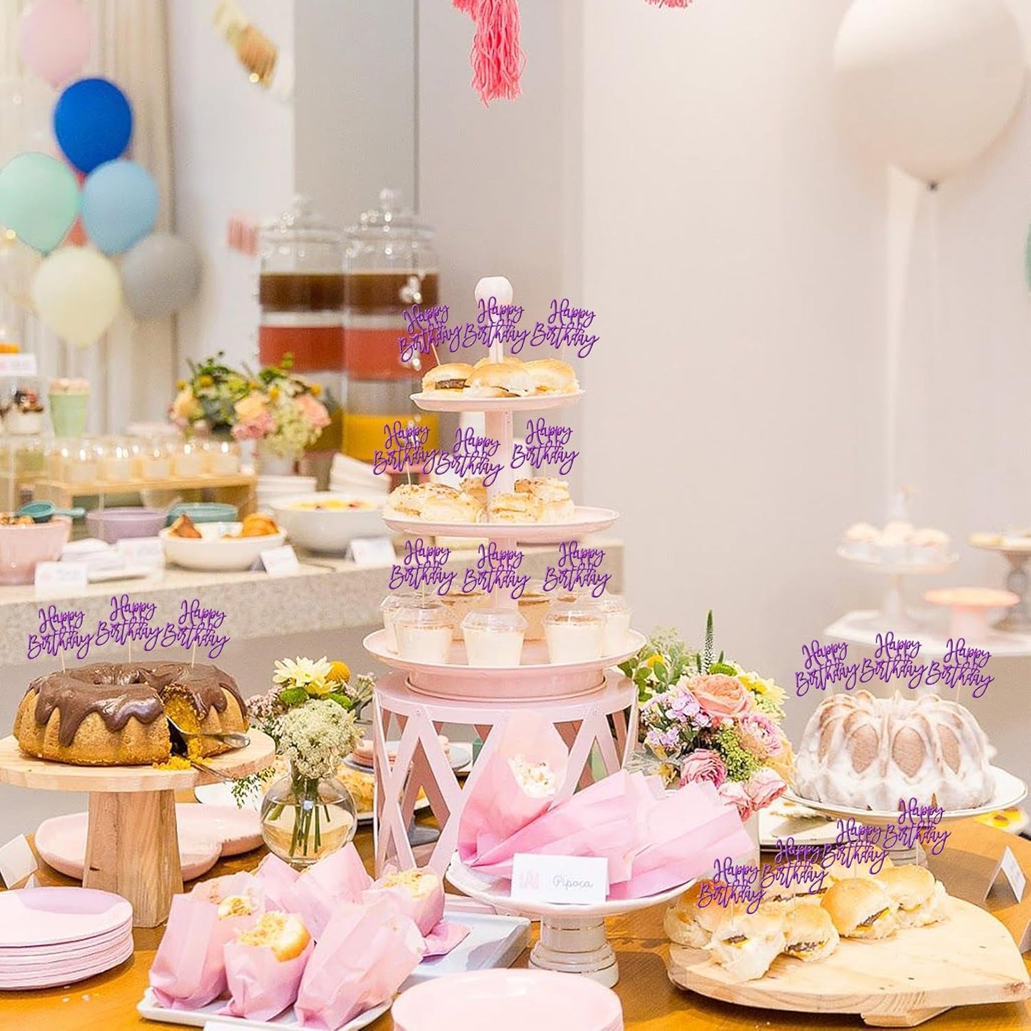 24 PCS Glitter Happy Birthday Cupcake Toppers - Purple Cupcake Picks for Celebrating Anniversary Theme Party Cake Decorations