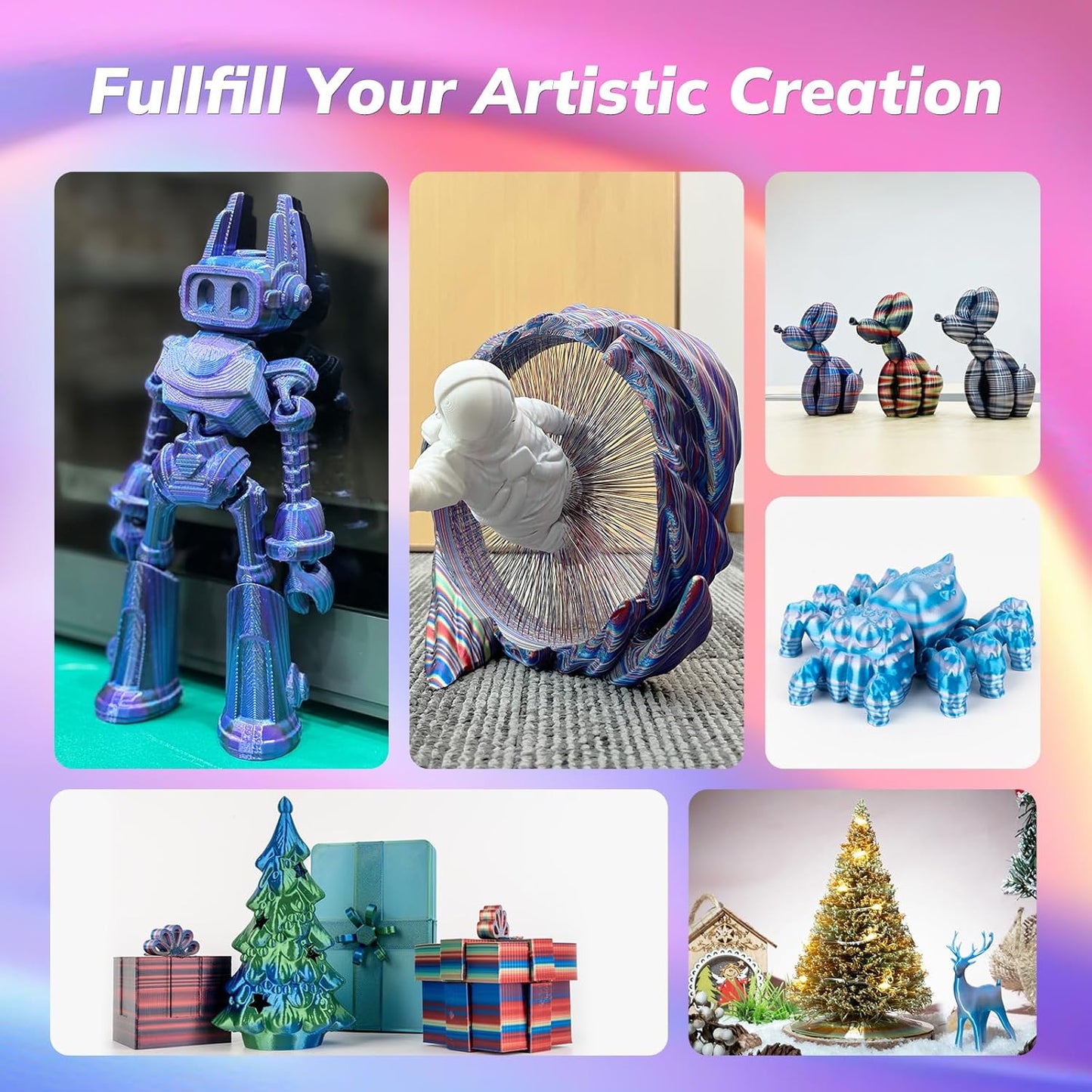 AMOLEN Silk PLA 3D Printer Filament, Shiny Multicolor Rainbow PLA Filament 1.75mm, Fast Color Change PLA 3D Printing Filament for Most FDM 3D Printer, 1kg (2.2lbs), Blue Pink YellowGreen