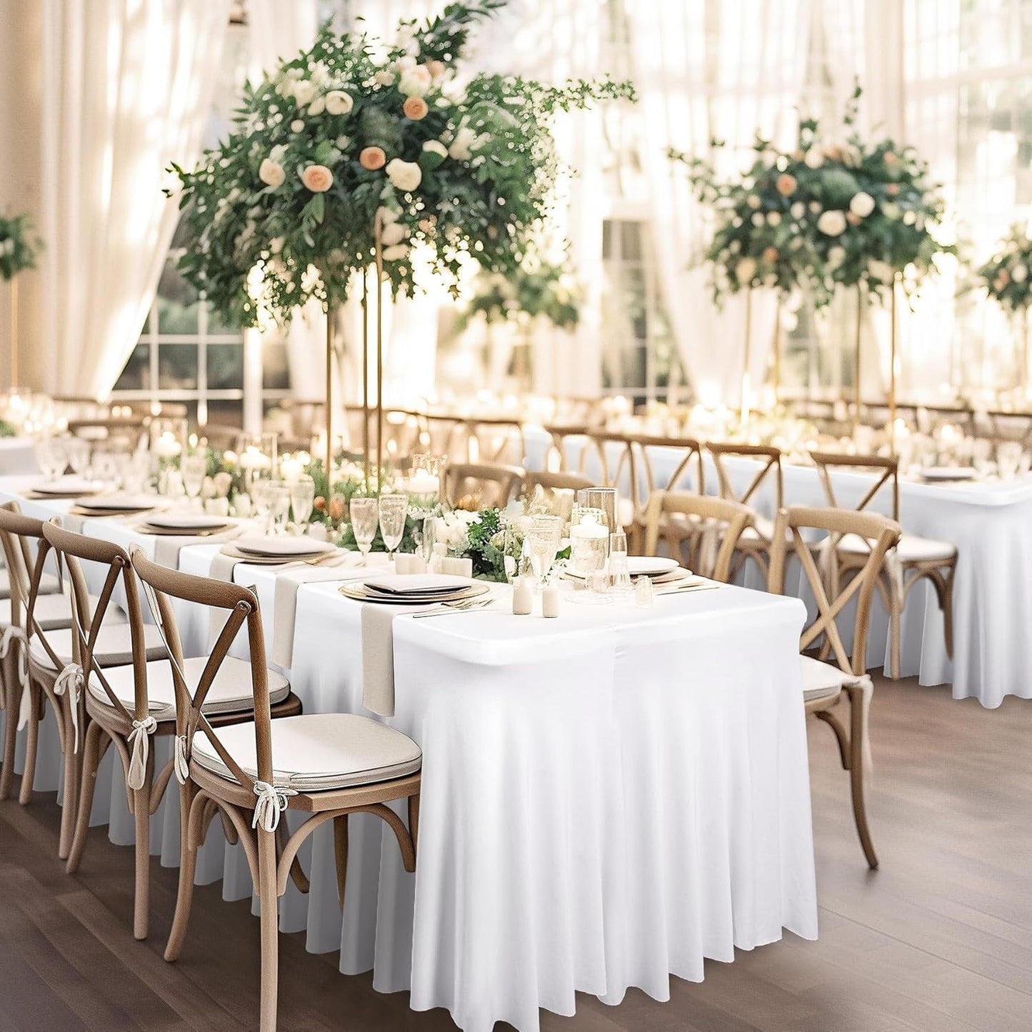 6 Pack White Spandex Table Clothes for 8 Foot Rectangle Tables, 8FT Wrinkle Free Fitted Tablecloths Ruffles Design Table Cover for Party, Banquet, Wedding and Events