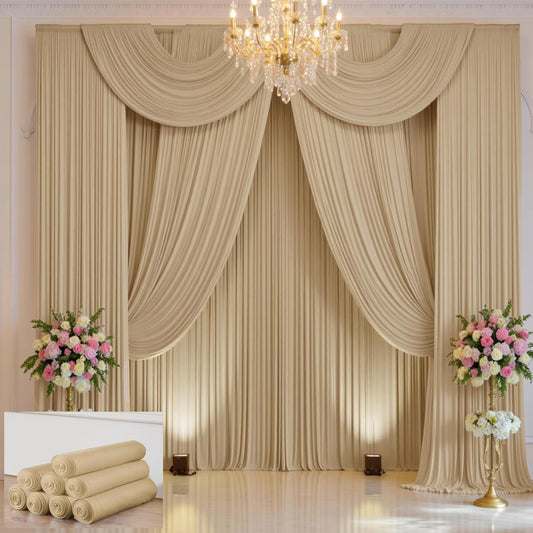 40×12 ft Wrinkle Free Beige Backdrop Curtain for Weddings Parties, 8 Panels 12ft Silky Polyester Wedding Drapes Backdrop Photo Back Drop Cloth for Birthday Baby Shower Photography Backgrounds