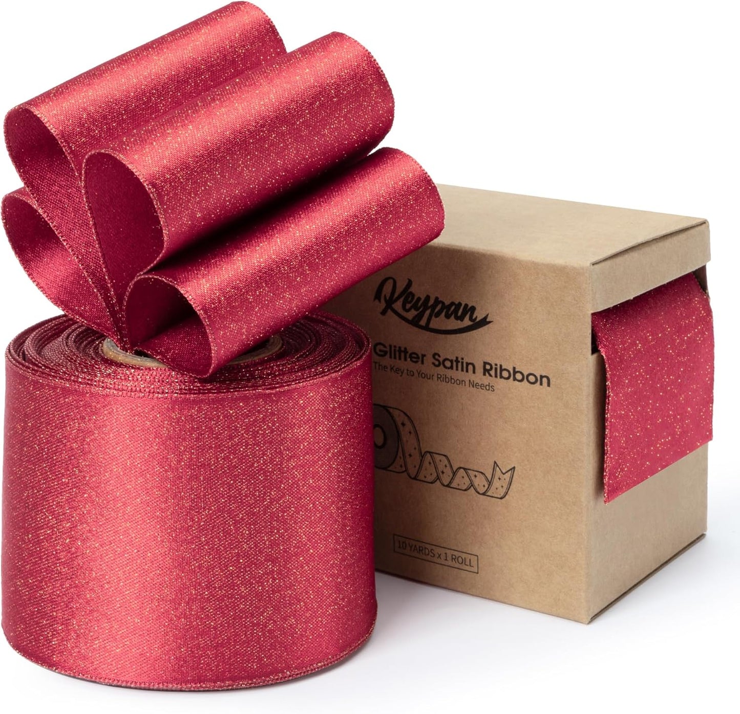 Christmas Ribbon Wired Red Satin Ribbons 2-1/2 Inch Double-Faced Gold Glitter for Tree Decoration, Wreath, Gift Wrapping, Home Decor 10 Yards