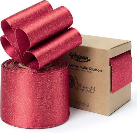 Christmas Ribbon Wired Red Satin Ribbons 2-1/2 Inch Double-Faced Gold Glitter for Tree Decoration, Wreath, Gift Wrapping, Home Decor 10 Yards