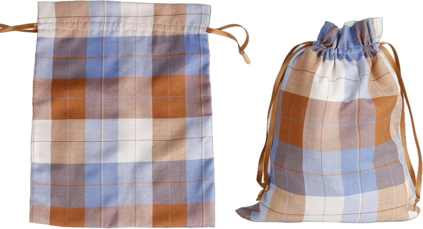 Large Fall Burlap Bags with Drawstrings - Orange Buffalo Plaid, Sage Green Gingham - Reusable Brown Pouch for Thanksgiving Party Gift Wrapping Goodies (4 colors, 6x8 inch)