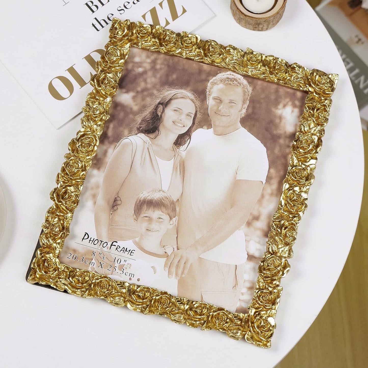 Cuspin 8x10 Picture Frame Vintage, Gold Ornate Rose Flower Resin Photo Frame with Glass Front for Tabletop, Antique Picture Frames for Home Decor