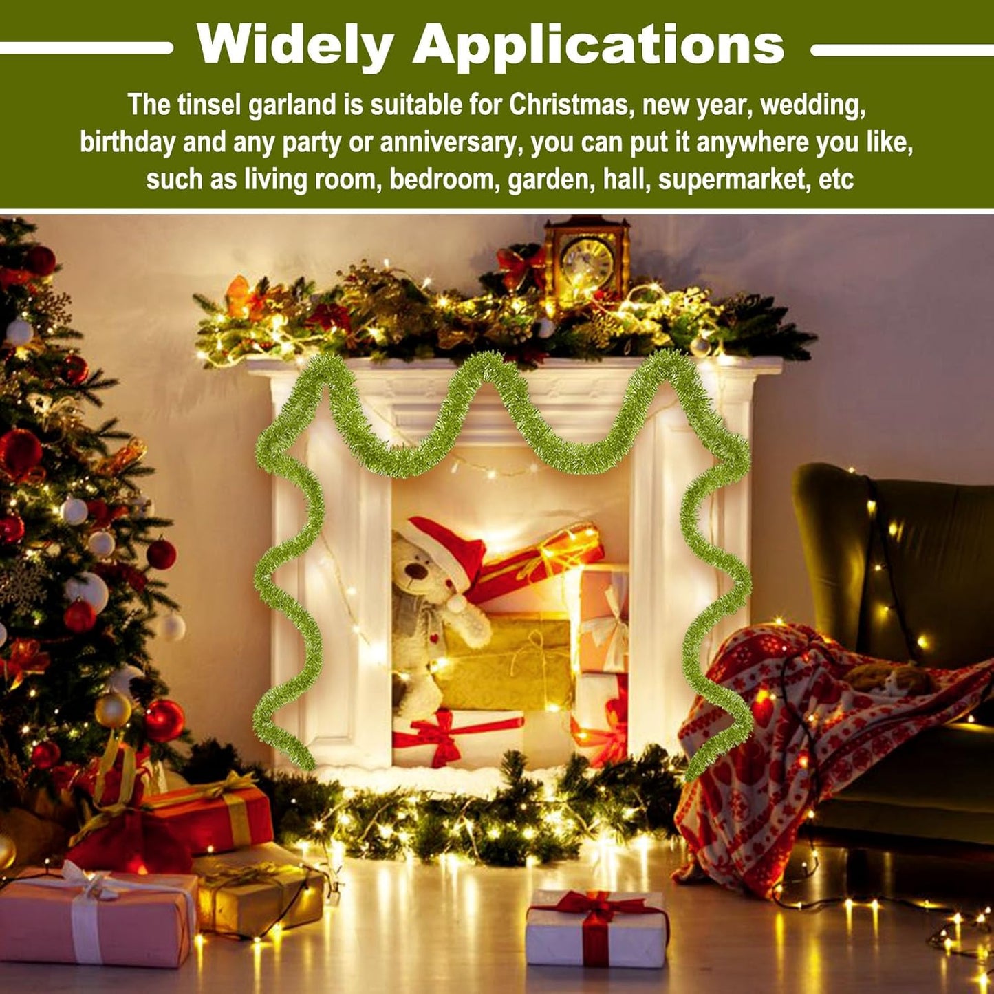 25 Feet Metallic Twist Tinsel Garland - Wall Hanging Backdrop for Parade Floats, Christmas Eve, New Year, Valentine's Day Parties (Light Green, 4in x 25ft)