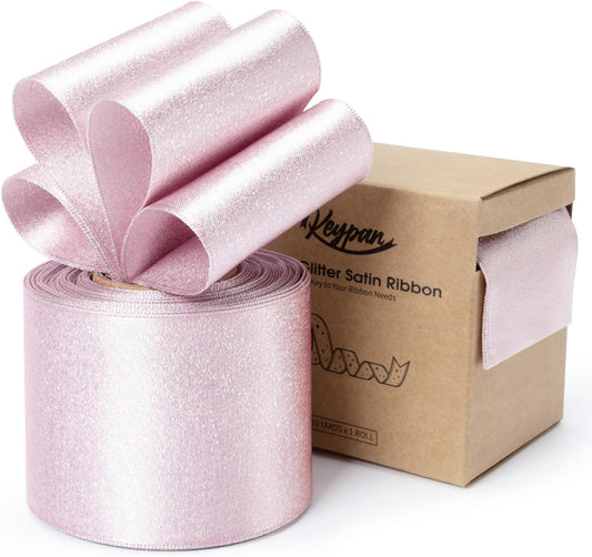 Pink Satin Wired Ribbon 2-1/2 Inch Double-Faced Sliver Glitter Ribbons for Valentines Day Tree Decoration Gift Wrapping Home Decor 10 Yards