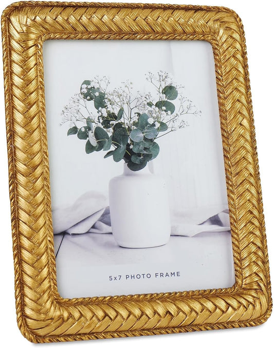 Cuspin 5x7 Gold Picture Frame, Ornate Decorative Rattan Resin Photo Frame, Gold Frames Braided Design for Tabletop Display or Wall Hanging, Elegant Home Decor