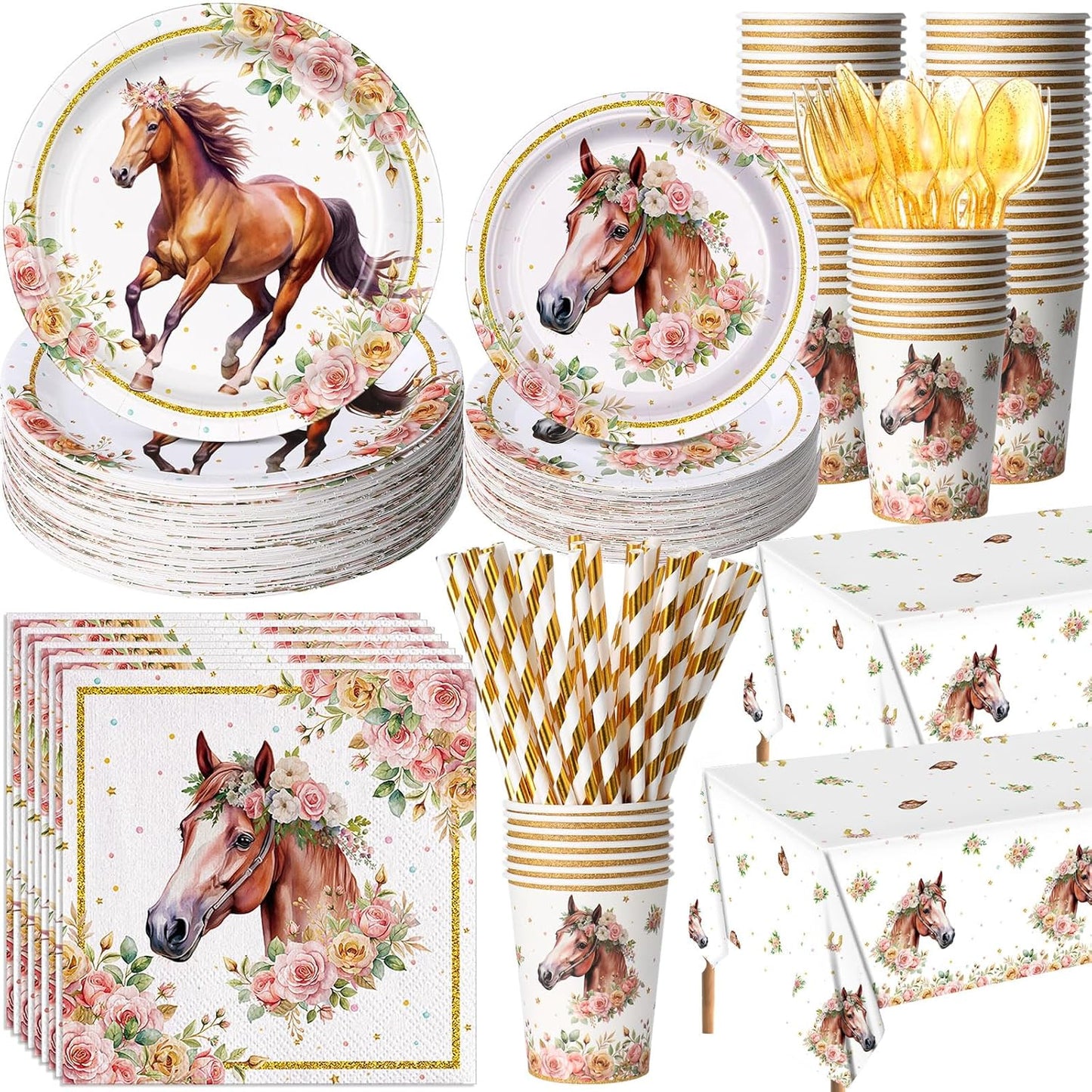 452 Pcs Horse Birthday Decorations for 50 Guests, Pink Floral Cowgirl Paper Plates Napkins Cups Tablecloth Cutlery Straws for Horse Themed Western Wedding Baby Shower Party Supplies