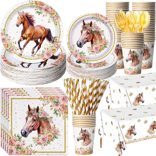 452 Pcs Horse Birthday Decorations for 50 Guests, Pink Floral Cowgirl Paper Plates Napkins Cups Tablecloth Cutlery Straws for Horse Themed Western Wedding Baby Shower Party Supplies