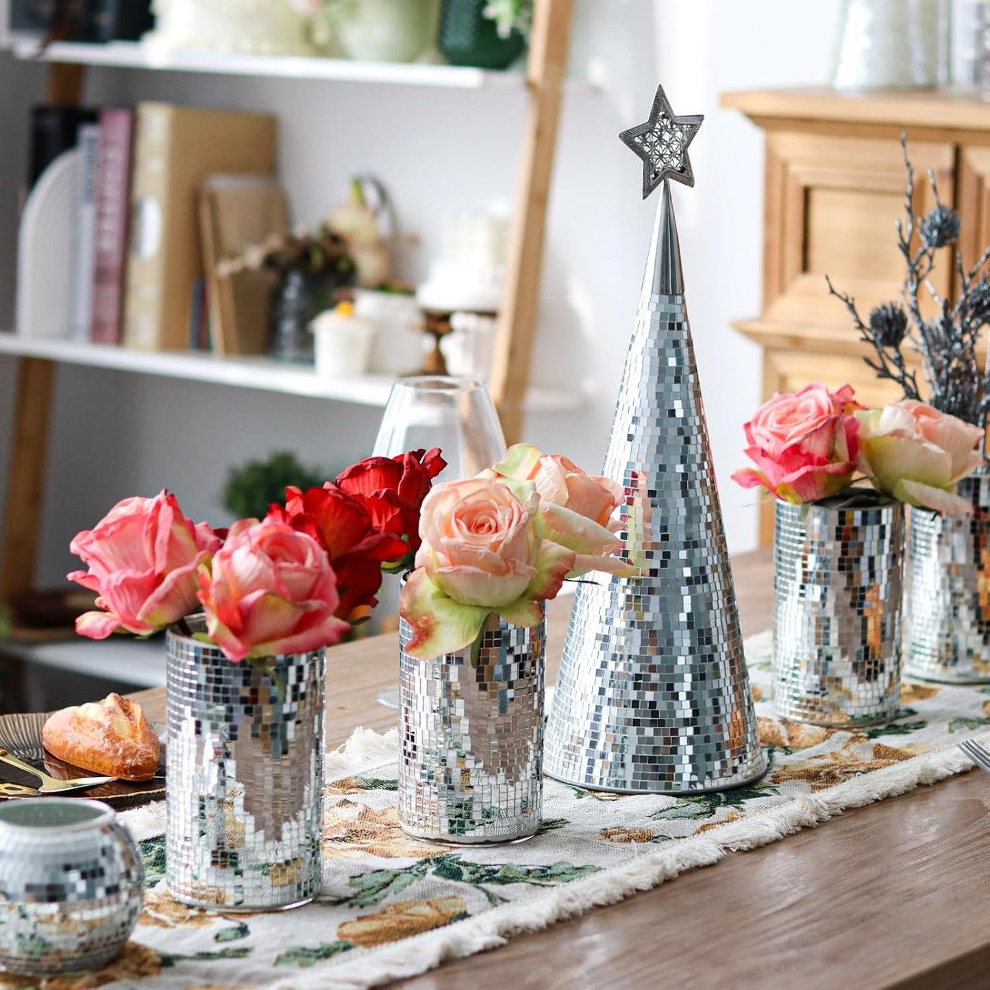 WDHODEC 6 Pcs Disco Vases Bulk Silver Mirror Disco Ball Flower Vase Glass Candle Holder for Wedding Table Centerpieces Decoration 6"