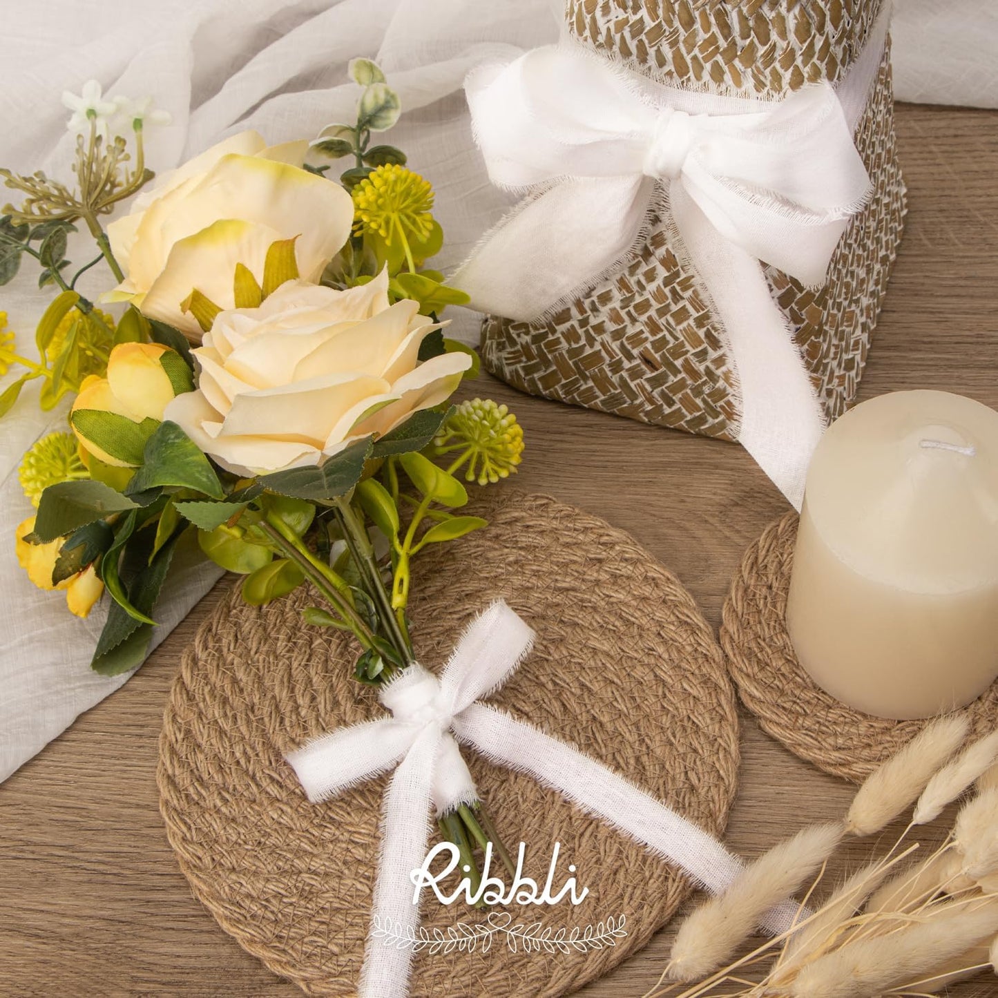 RiRibbli 3 Rolls White Ribbon 1.5 Inch x 18Yards Handmade Cotton Frayed Fringe Ribbons for Gift Wrapping Wedding Invites Bridal Bouquets Baby Shower DIY Crafts Home Decor