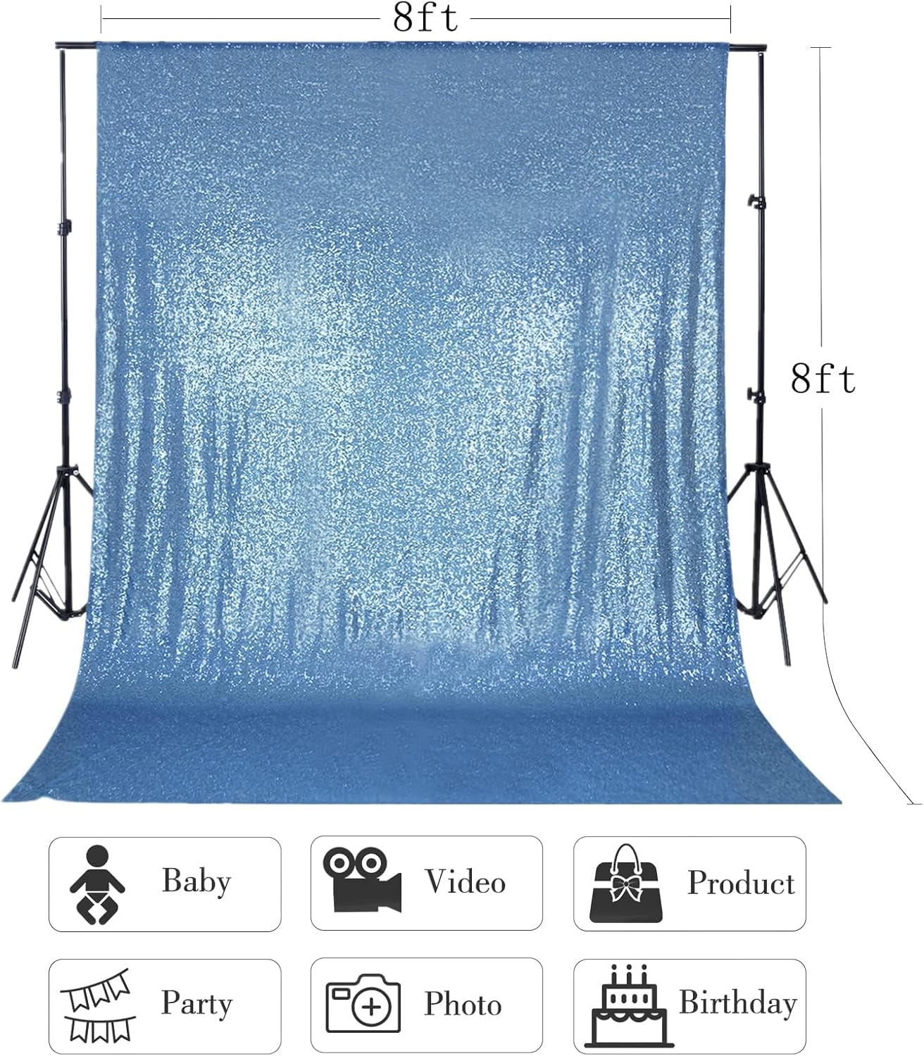 Baby Blue Sequin Backdrop Curtain 8ft x 8ft Sequin Glitter Background for Weddding Party Baby Shower Decorations