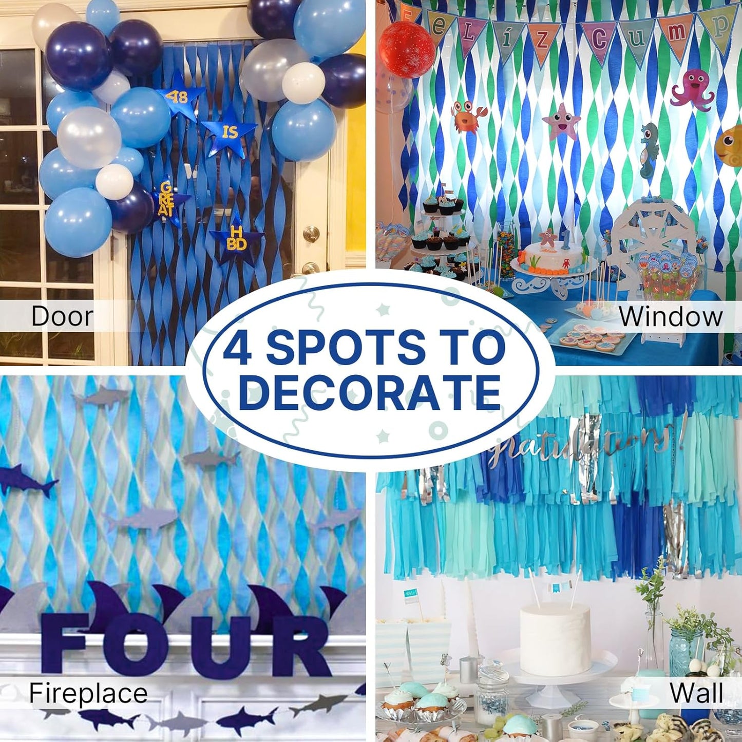 PartyWoo Blue Crepe Paper Streamers 4 Rolls 328 ft Pack of Dark Light Pastel Blue Crepe Paper for Baby Shower Gender Reveal Graduation Anniversary Birthday Party Decorations (1.8 Inch x 82 Ft/Roll)