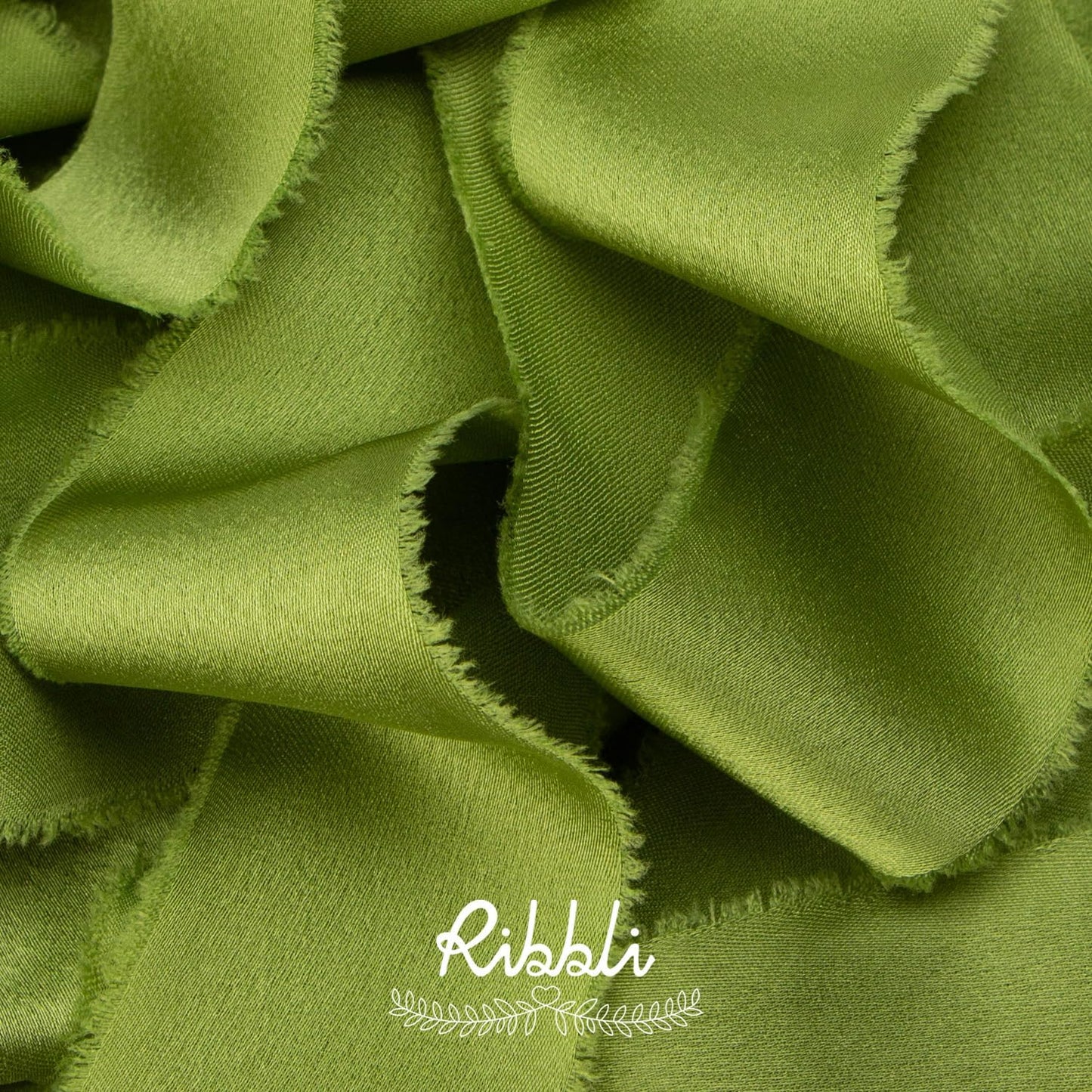 Ribbli Avocado Green Silk Satin Ribbon - 1.5 Inch x 12 Yard Handmade Frayed Chiffon Ribbon with Wooden Spool for Gift Wrapping, Wedding Invitations, Bridal Bouquets & Home Decor
