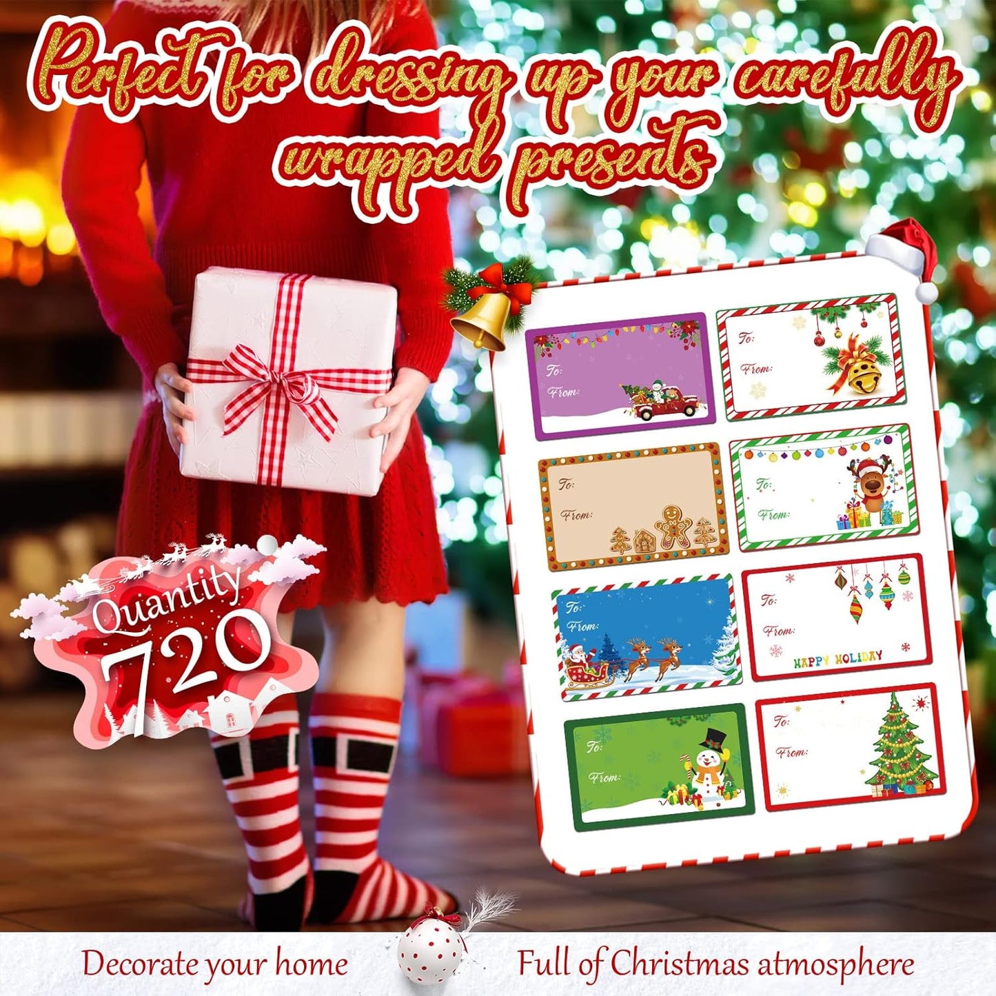 Zonon 720 Pieces Self Adhesive Christmas Gift Tag Xmas Kraft Name Tags Natural Kraft Xmas Stickers Paper Tags Labels for Christmas Decoration(Cute Style)