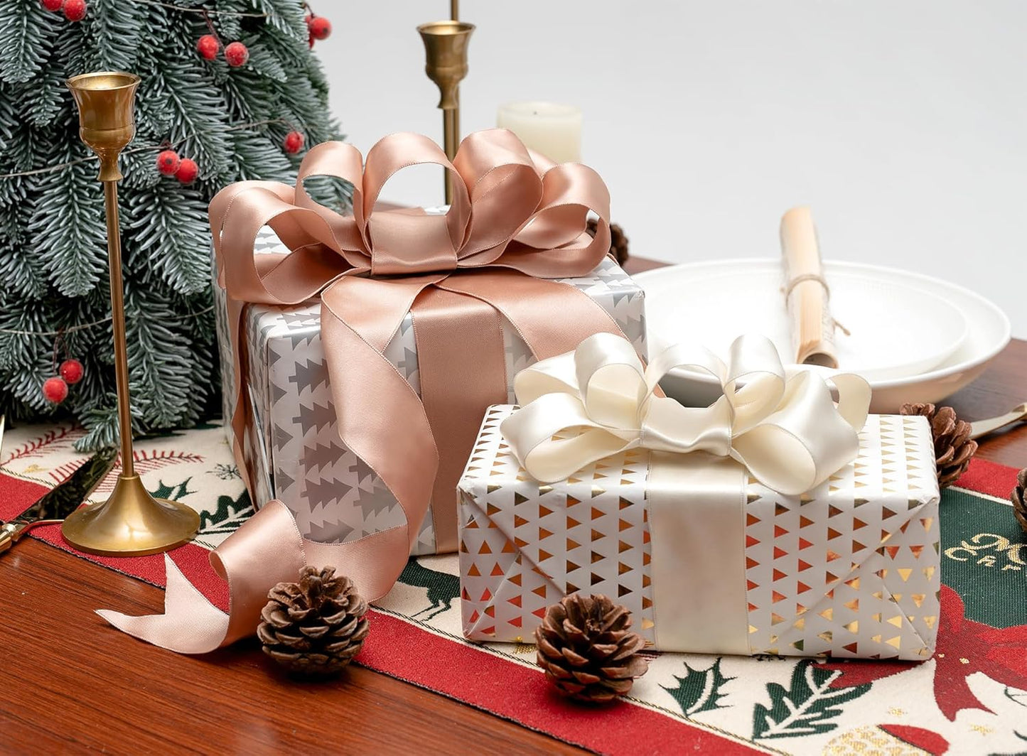 Rose Gold Satin Ribbon Double-Faced Wired Ribbons for Gift Wrapping Flower Bouquet Bows Wedding Invitation Christmas Decor Crafts 1-1/2 Inch 10 Yards