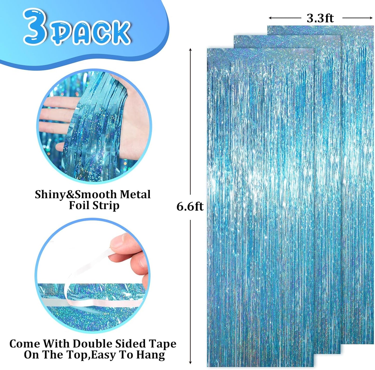 3 Pack 3.3 x 6.6 ft Light Blue Foil Fringe Backdrop Curtains, Tinsel Streamers Party Decorations, Fringe Backdrop for Birthday, Baby Shower, Gender Reveal, Graduation