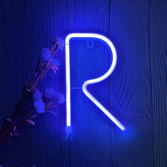 ENUOLI Blue LED Neon Letter Light, USB Batteries Operated Letter Sign for Night Light Lamp Words for Valentines Day, Home, Indoor Wall Decor (R)