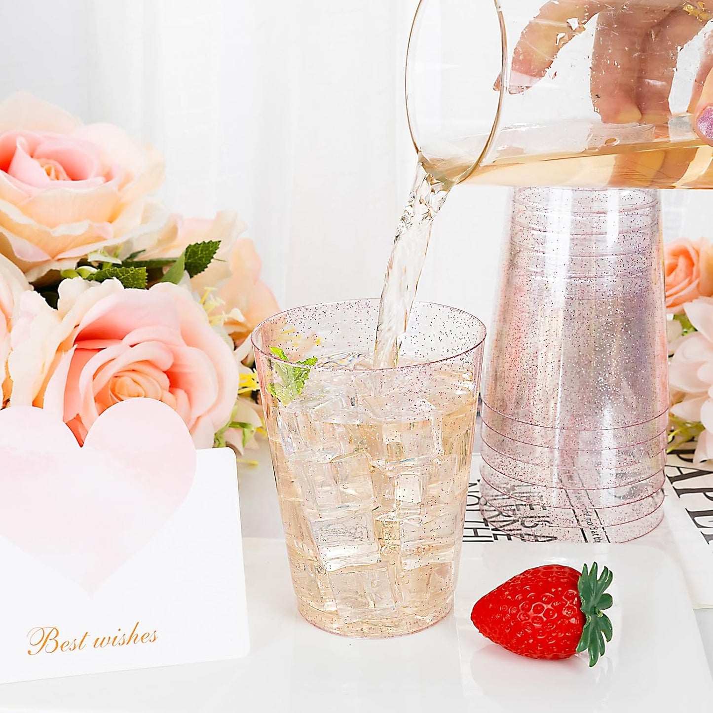 DaYammi 100 Pack 10oz Pink Plastic Cups, Premium Disposable Rose Gold Glitter Plastic Cups for Martini and Cocktail, Hard Clear Disposable Cup with Pink Glitter Perfect for Fancy Wedding Party