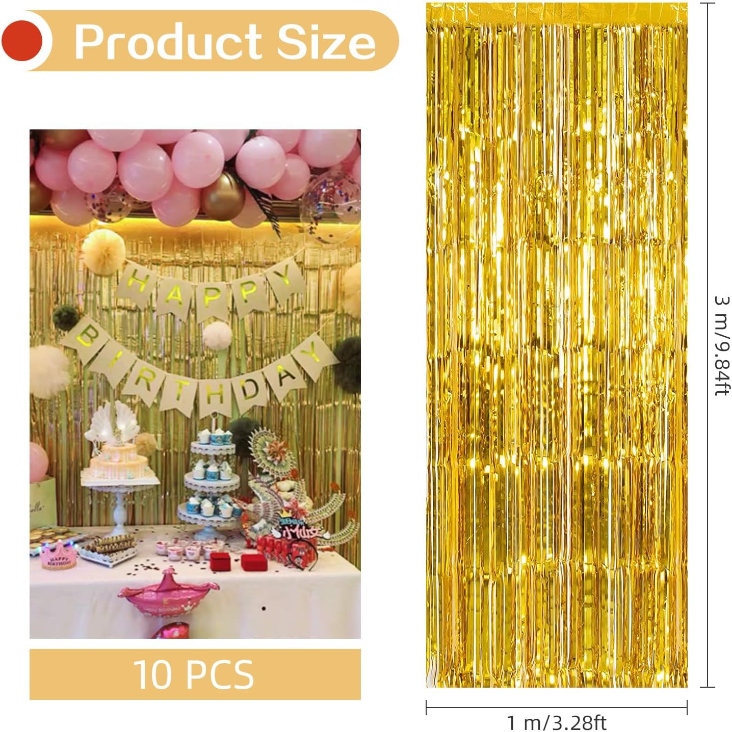 10 Pack Gold Foil Curtain Backdrop 3.2ft x 9.8ft Metallic Tinsel Foil Fringe Curtains Streamer Photo Booth Backdrop for Birthday Party Engagement Bachelorette Party Decorations (Gold)